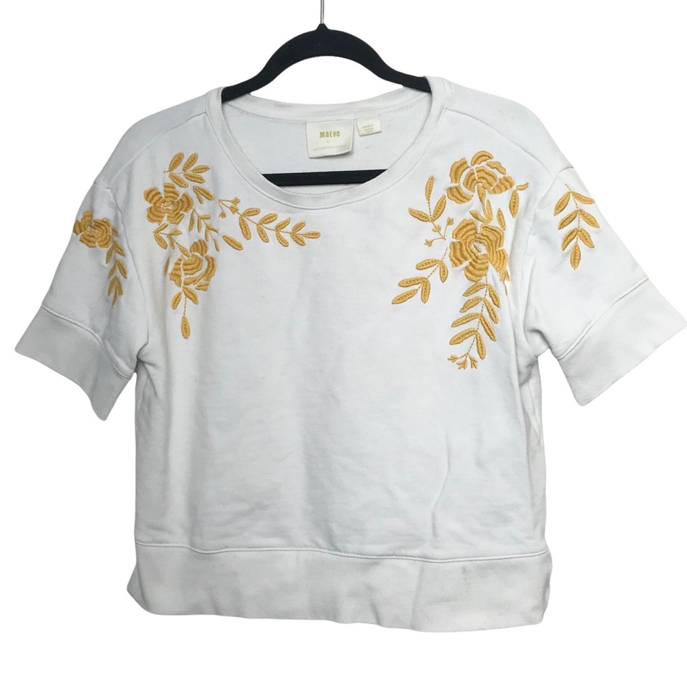 Maeve White Yellow Floral Embroidered Short Sleeve Sweater Anthropologie Small